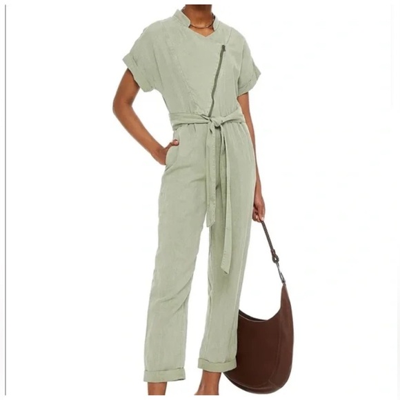 ALICE + OLIVIA Leonarda jumpsuit belted Lyocell linen utility boiler olive zipup - Picture 1 of 9